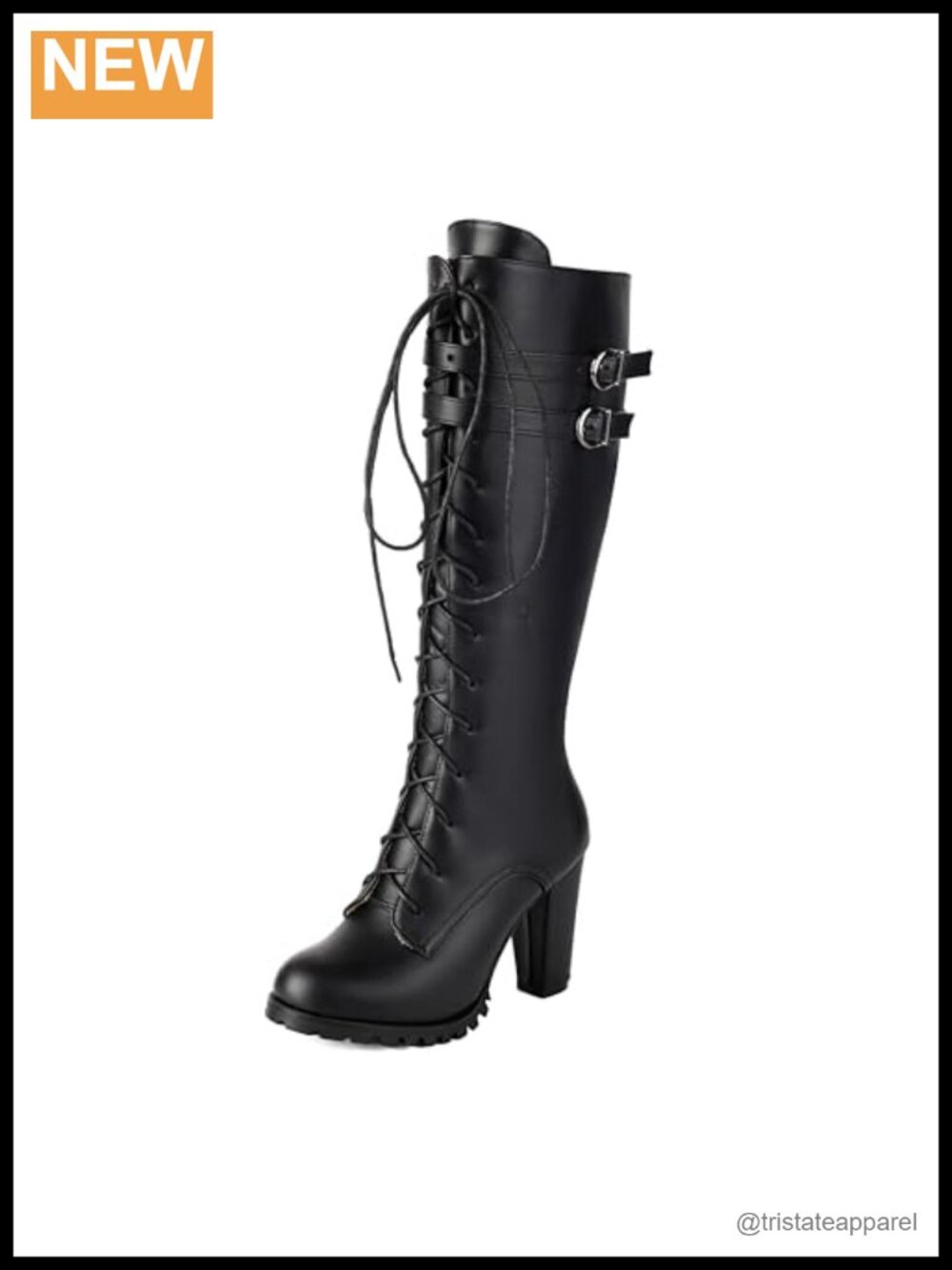 Knee-High Combat Boots PU Leather Lace Up Block Heel
